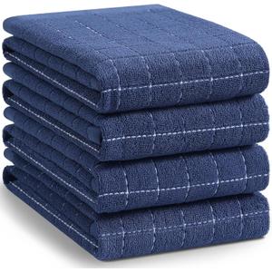 Homaxy 100% Cotton Terry Kitchen Towels(Navy Blue, 20 x 28 inches), Checkered Designed, Soft and Super Absorbent Dish Towels, Large 4 Pack