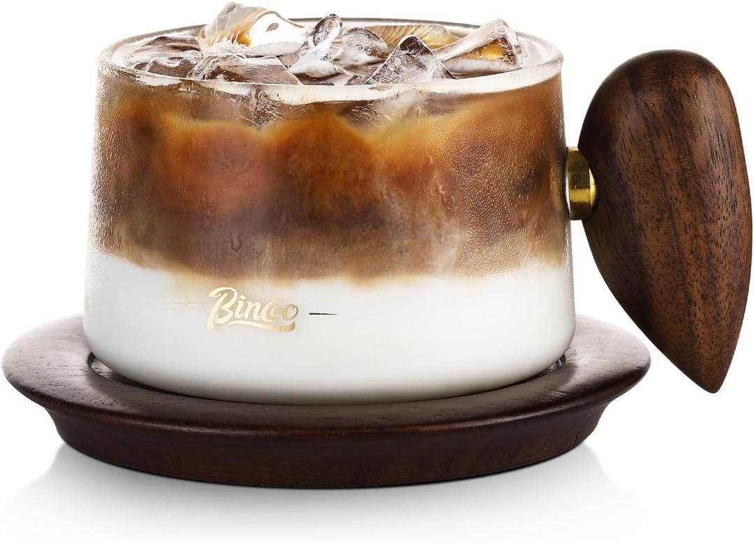 Bincoo Glass Coffee Cups and Saucers Set,250ML Clear Glass Iced Coffee Mug Espresso Cup Tea Cup with Walnut Coaster and Handle