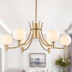 29.5" Vintage Glass Globe Chandelier 6-Light Gold Modern Sputnik Pendant Light with Milk White Glass Shades Mid Century Adjustable Hanging Light for Dining RoomKitchen Living Room Bedroom, Large