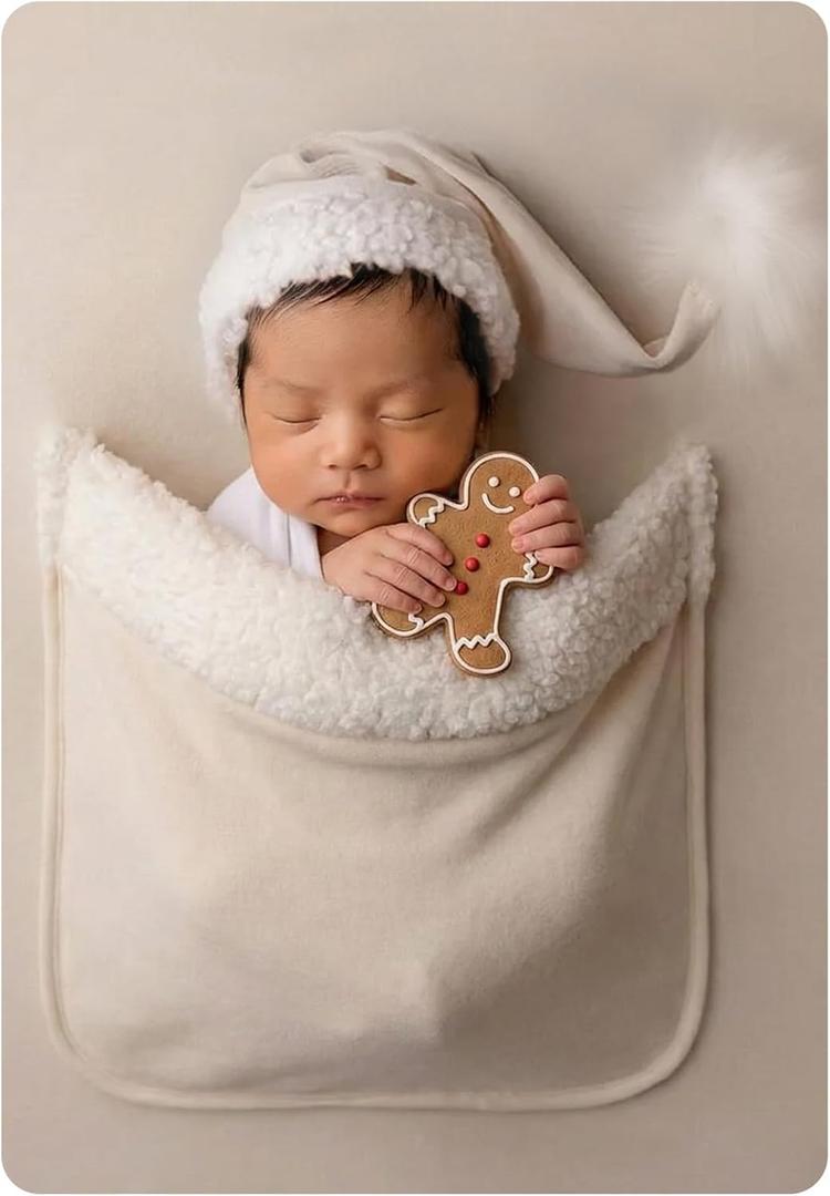Newborn Photography Props Outfit with Santa Hat,Christmas Backdrop Poser Pocket Xmas Background Blanket for Baby Photo Shoot (Ivory)