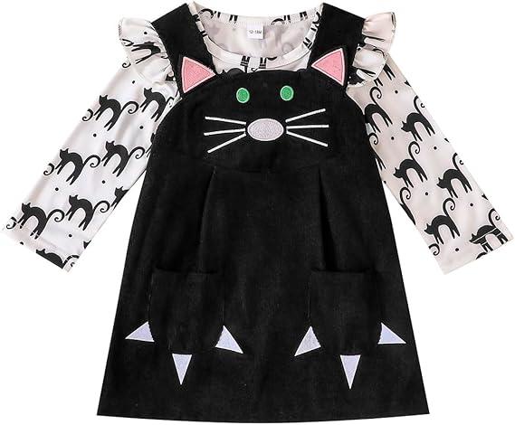 Noubeau Toddler Baby Girl Thanksgiving Outfits Ruffle Sleeve Ribbed Top+Turkey Dot Overalls Suspender Dress Winter Clothes 2-3Y