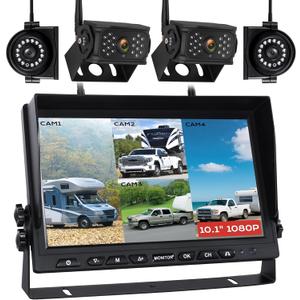 10.1" Wireless RV Backup Camera System, 2 Rear Cameras & 2 Side Cameras for Reversing/Monitoring Trailer Truck Pickup Camper, 1080P DVR Monitor, IP69K Waterproof IR Night Vision Camera, WN4