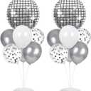 Disco Ball Party Balloons Stand Kit 2 Sets with 2 Silver 4D Discoball Foil Balloon Disco Ball Centerpiece for Tables 70s 80s 90s Dance Themed Birthday Decorations Silver White Party Supplies