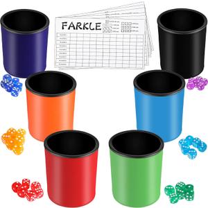 Zhanmai 6 Pcs Dice Cup for Farkle Game PU Leather Cup of Dice Dice Stacking Cup with 36 Colorful Dice 6 Farkle Scorecards Dice Set for Yahtzee Dice Games Family Party Supplies