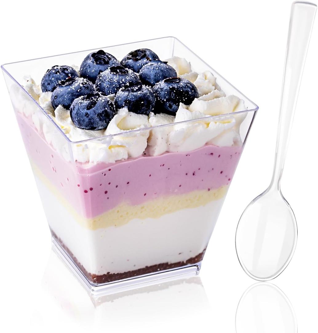 YOUBET 102 PCS Plastic Dessert Cups - 8oz Clear Square Cups - 51 Pack Mini Appetizer Cup with Tasting Spoons for Pudding, Fruit, Yogurt Parfait and Ice Cream