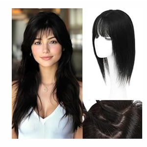 HVVZOY Hair Toppers for Women Real Human Hair, 360°3D Big Basement Cover Topper for Women with Thinning Crown with Wispy Clip in Bangs Realistic Scalp (Black, Wispy Bangs 16INCH)