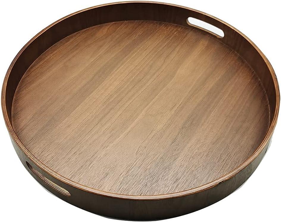i-lan 16" Large Round Wooden Serving Tray with 2" Sides, Circle Walnut Food Storage Display Platter Plate with Handles,Decorative Wood Tray for Coffee Table,Ottoman,Vanity,Kitchen, Bathroom
