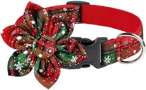 Malier Christmas Dog Collar with Flower, Classic Buffalo Plaid Dog Collar with Hardware Buckle Adjustable Collar with Bow Tie for Small Medium Large Dogs Puppy (Medium, Red & Green)