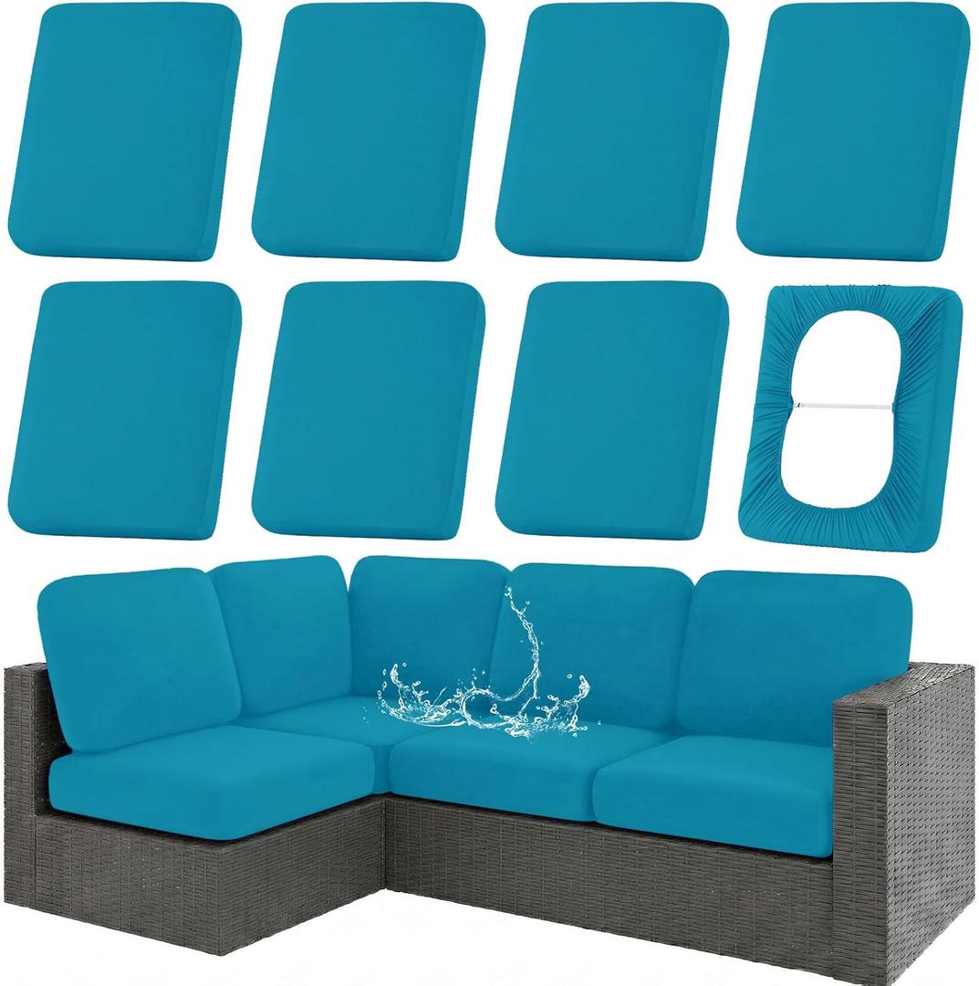 hyha Waterproof Outdoor Cushion Covers for Patio Furniture, Stretch Patio Chair Cushion Slipcovers, Coated UV Resistant Replacement Seat Covers, Solid Color (Teal, 8PC)