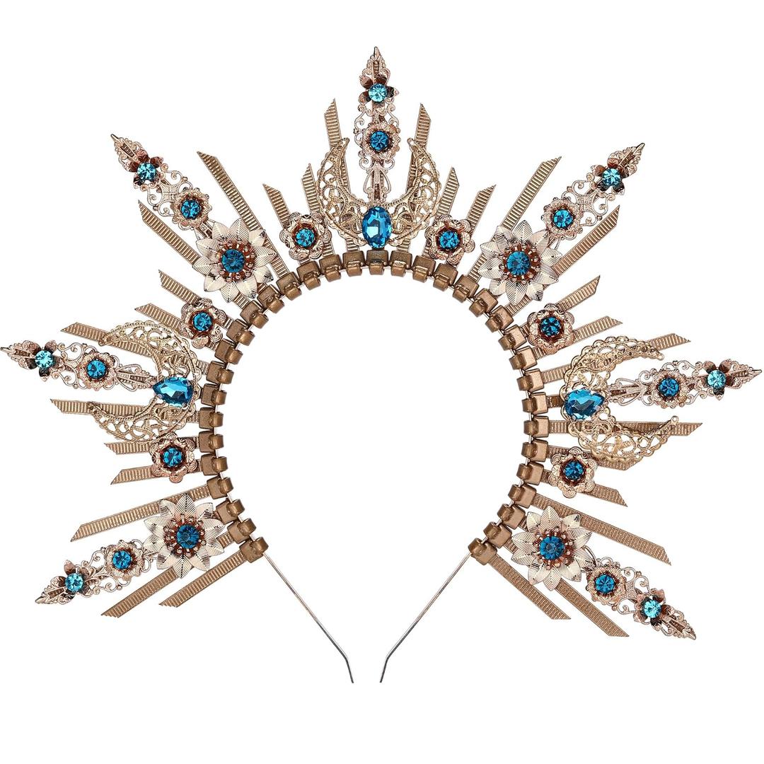 Renfaire Halo Crown Headpiece - Moon Goddess Sunburst Headband Fantay Gold Headpiece Boho Wedding Photo Shoot Cosplay Party Renaissance Halloween Costume Blue Rhinestones