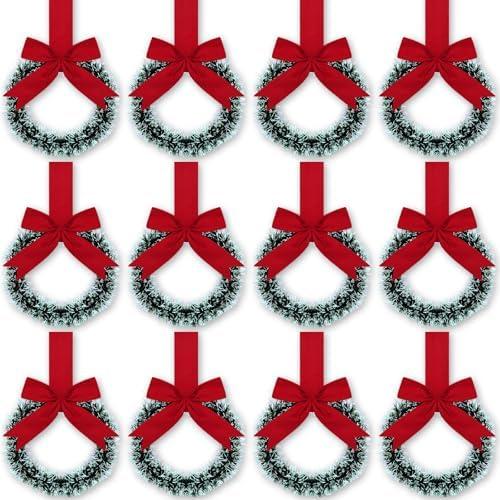 12 Pcs Christmas Kitchen Cabinet Wreaths with Ribbon 3.94 Inch Mini Christmas Wreath Small Kitchen Xmas Decor for Window Door(Red,Snowy Style)