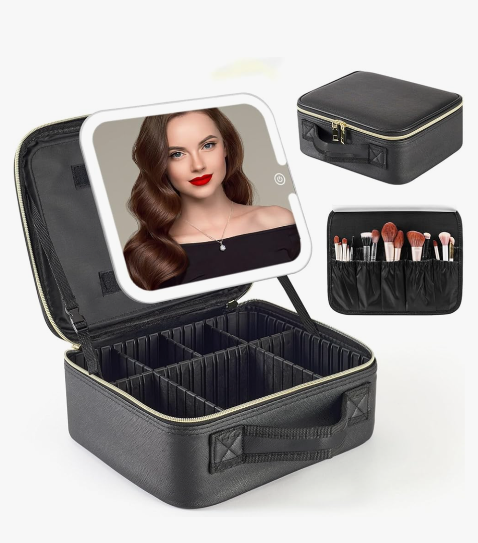 Travel Makeup Bag with Removable Mirror and Light, LED Lighted Make up Train Case, Cosmetic Organizer with PU Leather, 3 Colors Dimming Light, Adjustable Dividers & Brush Storage Board, Gift for Women
