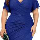 ZOMVA Plus Size 0X-4X Sparkly Glitter Ruched Bodycon Mini Dress Sparkle Sequin Wrap Ruffle Sleeve Dress Cocktail Party Formal (1. Ruffle Sleeves, Royal Blue)