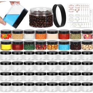 Clear 4 oz Plastic Jars with Lids & Labels - Refillable Cosmetic Small Containers with Black Screw Lid/Slime Containers (4 fl.oz, 48Pack)