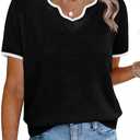 OFEEFAN Short Sleeve Sweater for Women V Neck Lightweight Sweaters Fashion Clothing Business Casual Outfits, Black, X-Large