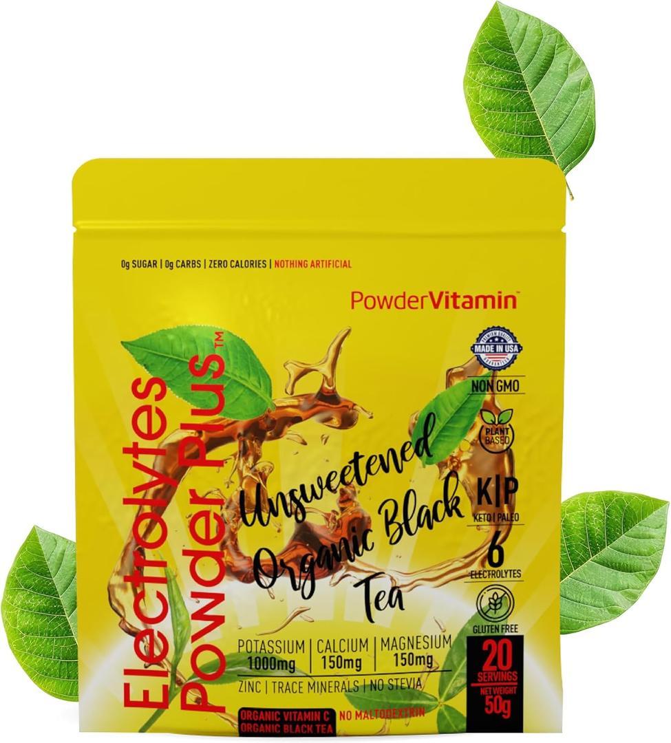 2 x PowderVitamin Electrolytes Powder Plus (20 Servings) Unsweetened Black Tea Electrolyte Powder Keto,SugarFree, Pink Himalayan Salt,1000mgPotassium,150mgCalcium,150mgMagnesium,Hydration Powder NO STEVIA