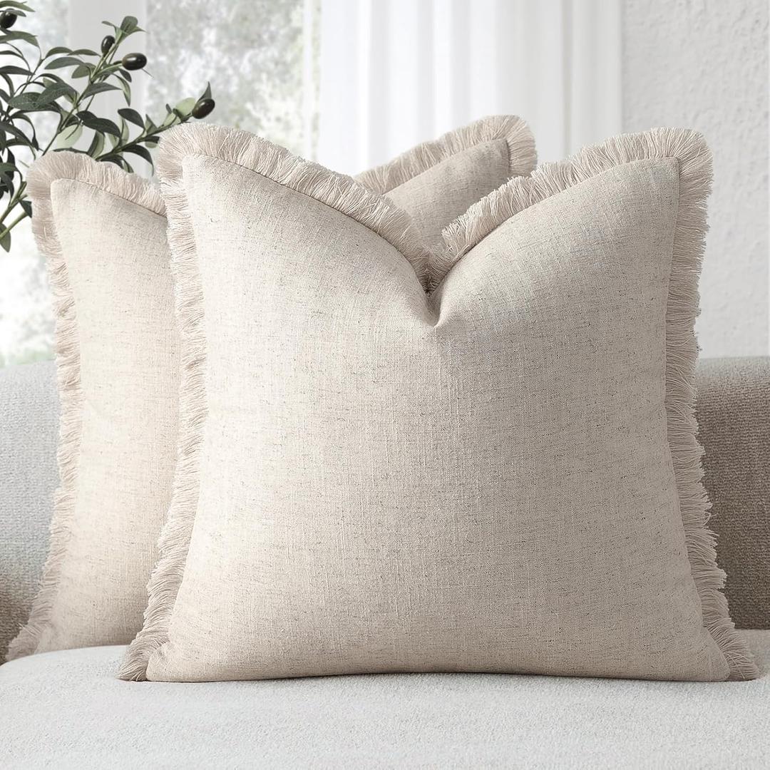 ZWJD Pillow Covers 18x18 Set of 2 Throw Pillow Covers with Fringe Chic Cotton Euro Shams Square Cushion Covers for Couch Sofa Bed Living Room Farmhouse Boho Decor, Natural Beige