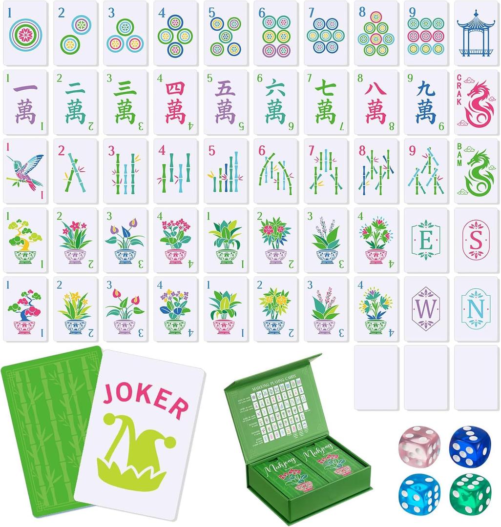Soulchen 168 Pcs Mahjong Playing Cards American Style Blossom Numbered Large Print PVC Poker Mahjong Tiles with 4 Dices 2 Storage Box for Travel Home, Portable Gift(Houseplant,Green)
