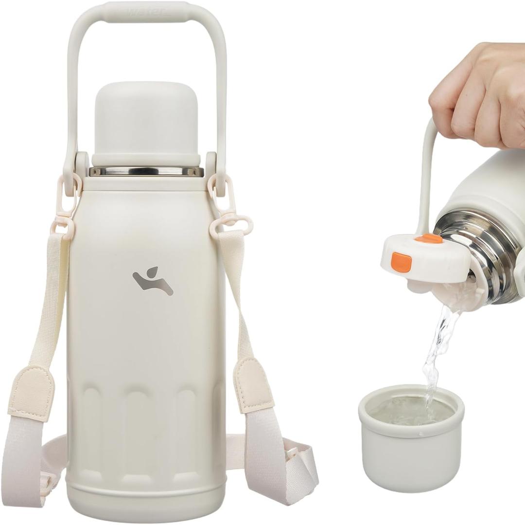 Insulated Water Bottle with Handle and Strap, Vacuum Travel Tumbler with Cup Lid, Thermo Coffee Cup for Hot Cold Drinks 40 OZ, Beige