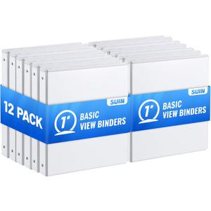 Basic 3 Ring Binder -1 or 1/2'' Binders with Roung Ring Binder, Large 100/200 Sheet Capacity, Fit 8.5" x 11" US Letter Size Paper, 12 Pack White (1'' White - 12 Packs)