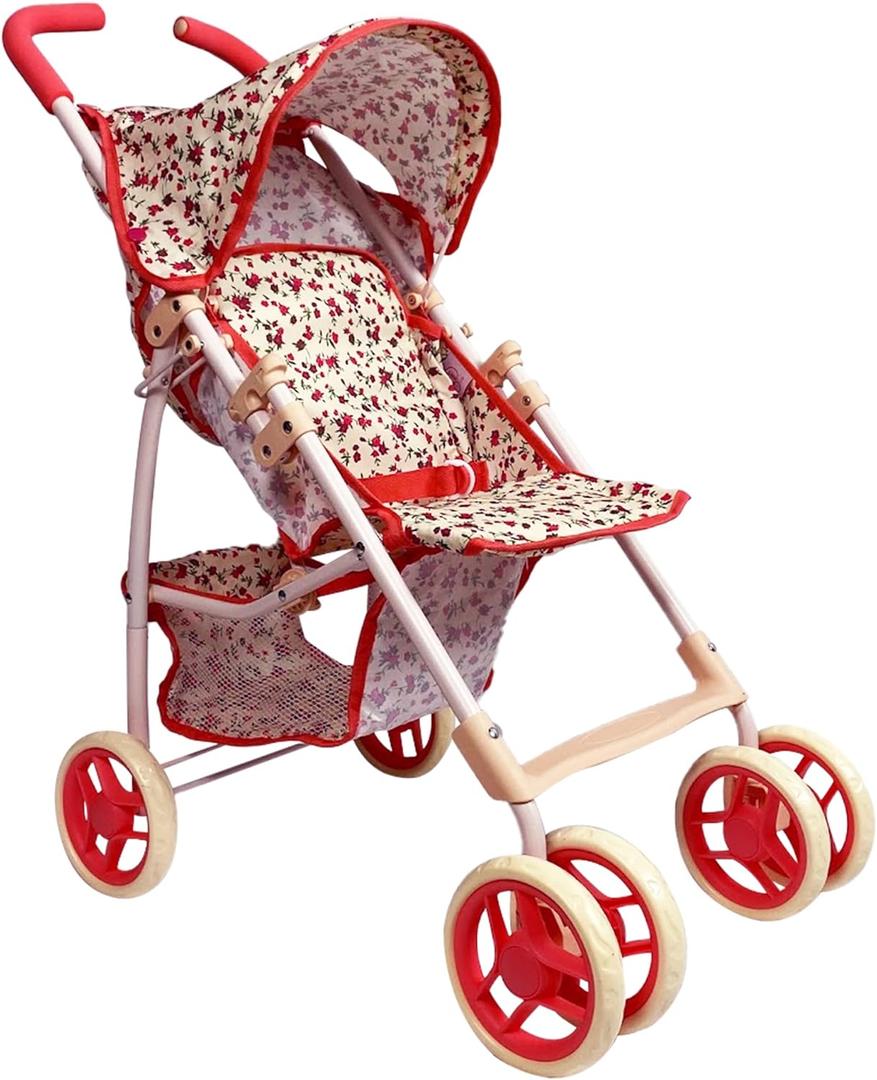 Baby Doll Stroller for Toddler Girls & Big Kids up to 8 Years Old | 28 Baby Stroller for Dolls, Toy Baby Stroller with Cute Coral Floral Print, Mesh Storage Basket, Canopy, Handle Grips, Rubber Tires