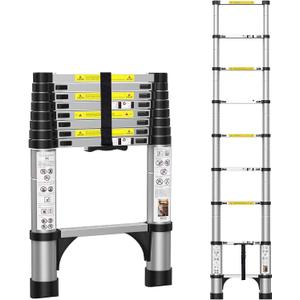 BOWEITI 8.5FT Telescoping Ladder, Portable Aluminum Extension Ladder w/Stabilizers, Lightweight Compact Telescopic Ladders 330lbs Capacity, Extension Ladder for Home, Outdoor (8.5FT,Silvery)