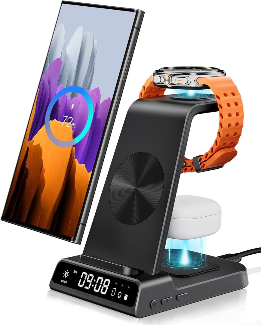 Wireless Charger for Samsung Devices, Wireless Charging Station for Galaxy S25 Ultra/S25+/S25/S24 Ultra/Z Fold/Z Flip/S23/S22/S21, for Galaxy Watch7/Ultra/6/6 Classic/5 Pro/5/4, Galaxy Buds3 Pro (Black)