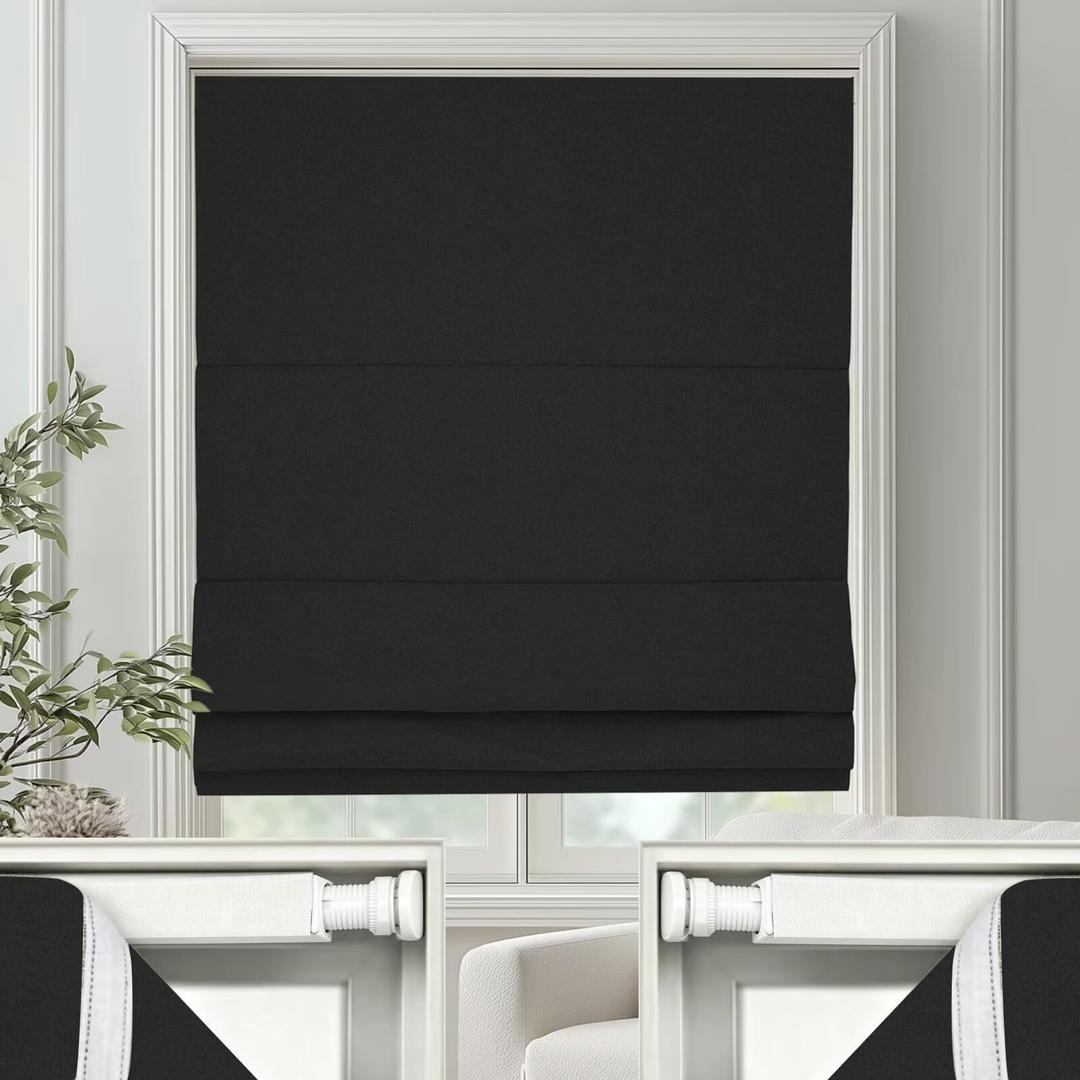 Changshade No Drill Roman Shades Cordless Blinds Blackout for Indoor Windows, Room Darkening Black Out Tension Rod No Hardware No Tools Inside Mount, Shade Size 35 Inches Wide 64 Inches High, Black