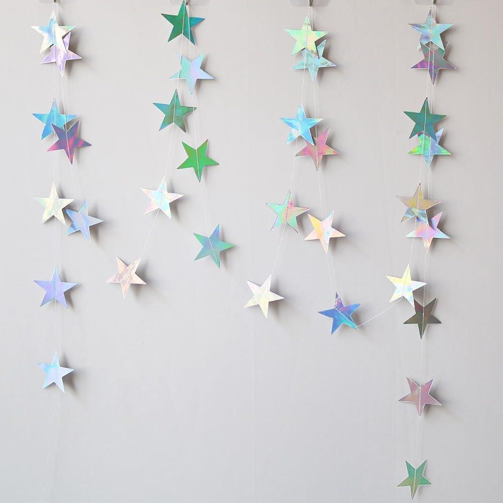 Iridescent Shining Star Hanging Garland Iridescent Hanging Sparkling Star Streamer Glitter Bunting Banner Twinkle Backdrop for Wedding Baby Shower Birthday Christmas Decorations 40 Feet