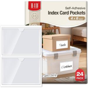 H4D 24 Pack Labels for Storage Bins, 4" x 6" Plastic Clear Adhesive Index Card Holders, Tote Label Pockets for Organizing Storage, Library Card, Shelves