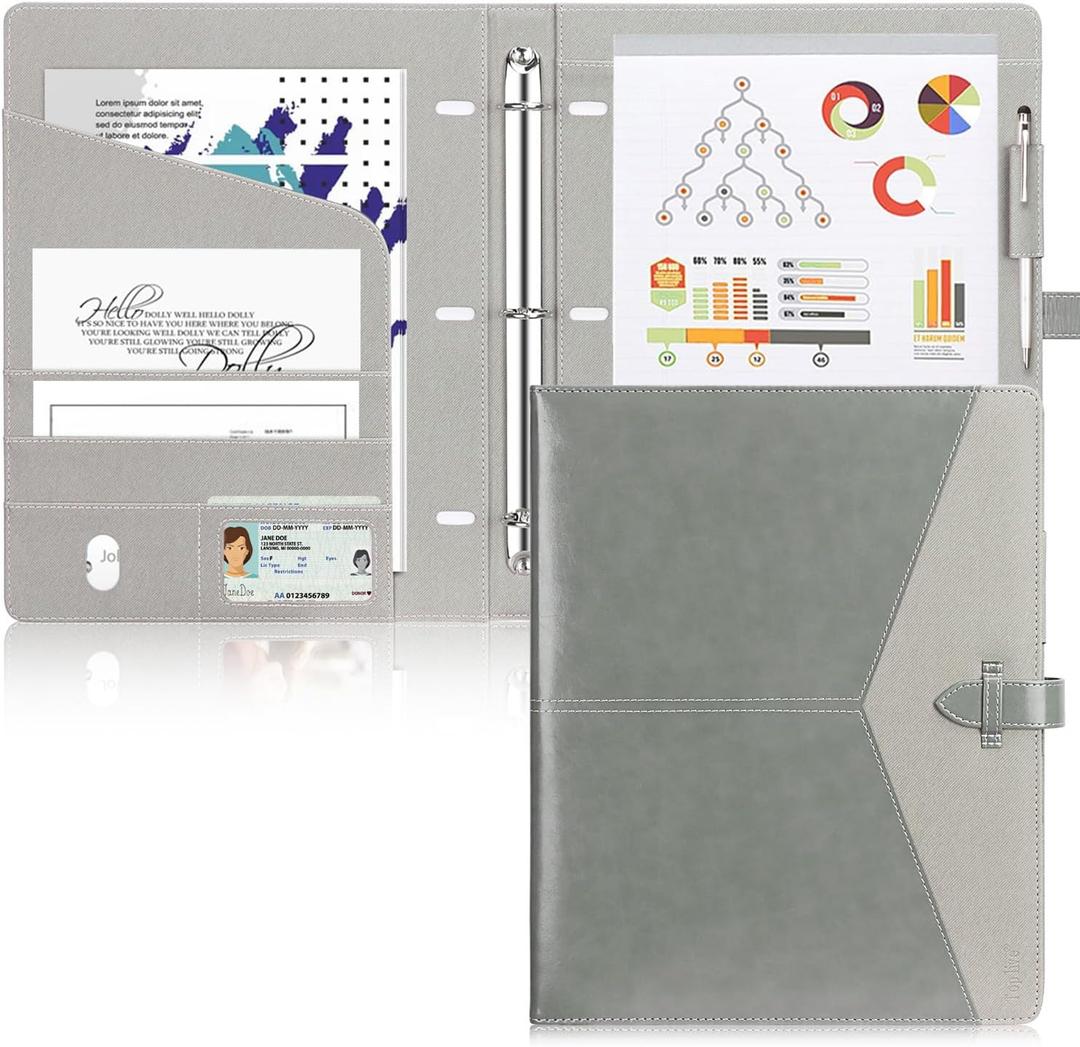 Toplive Padfolio 3 Ring Binder Organizer Business Portfolio Folder for Women, A4/ Letter Size PU Leather Portfolio Padfolio for Interview Conference Presentation, Grey