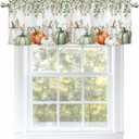 Fall Thanksgiving Pumpkin Valances for Windows Green Eucalyptus Leaf Fall Harvest Pumpkin Flowers Rod Pocket Curtain Valance Window Treatment Short Curtains for Kitchen Living Room, 54"x18" (White)