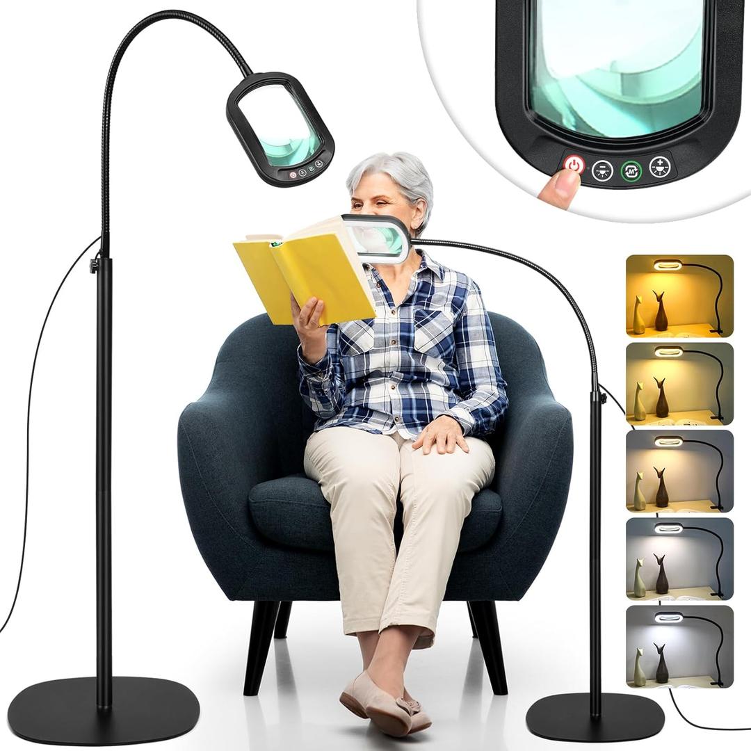 10X Rectangular Magnifying Glass with Light and Stand, 24" Flexible Gooseneck Floor Lamp, 3-in-1 LED 5 Color Modes, Brightness Stepless Dimmable Lighted Magnifier Hands Free for Craft, Hobby, Reading (Black)
