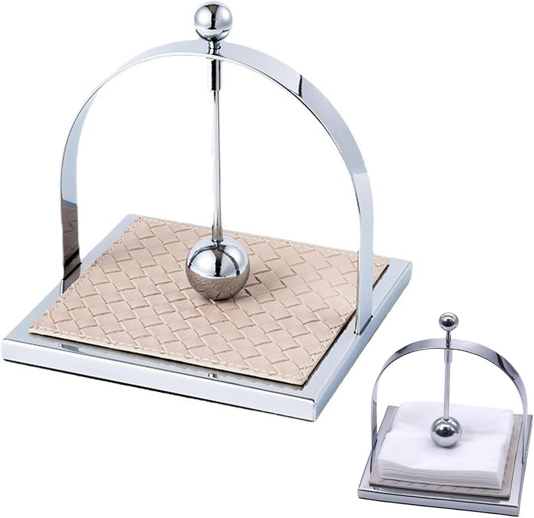 Silver Chrome Napkin Holder with Leather Base - Modern Luxury Napkin Dispenser for Restaurants, Events & Home Dining | Heavy-Duty Metal, Velvet Anti Slip Bottom