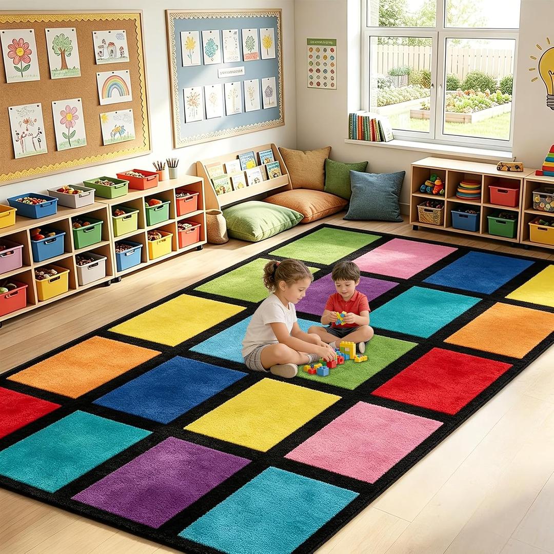 5x7.6 ft Rainbow Color Squares Classroom Rug Happy Squares Educational Area Mat Rainbow Themed Colorful Play Carpet Back to School Learning Mat for Elementary Preschool Nursery(Rainbow Color)