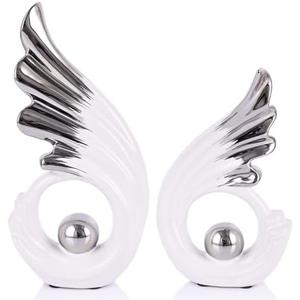 2PCS Abstract Ceramic Wing Sculptures, Modern Decor Art Figurines for Living Room Decorative Objects, Sculptures Home Decor Accent for Shelf, TV Stand, Bookshelf,Center Table Display (White Silver)