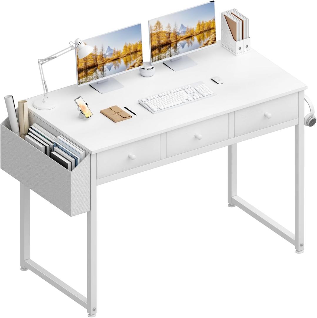 Lufeiya Small White Computer Desk with Drawers for Home Office Bedroom, 40 Inch Vanity Desk with Fabric Drawer Storage and Side Pouch, Study Writing Table, White, 39.4"