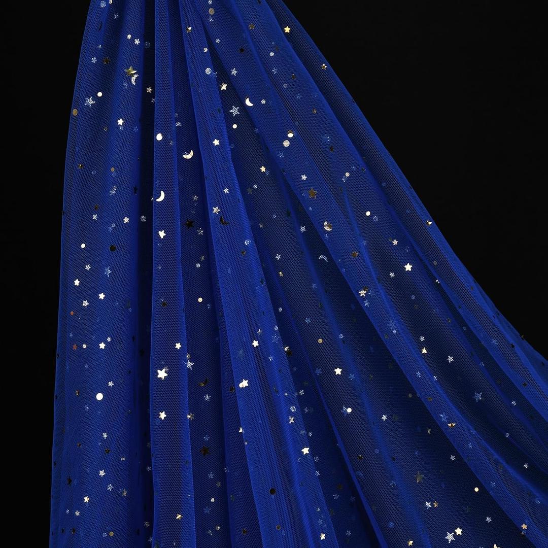 SHAYUAN 54" x 8 Yards Glitter Tulle Fabric Rolls Golden Stars and Moon Tulle Rolls for DIY Tutu Dress Table Runner Skirt Crafts Sheer Wedding Backdrop Stage Decoration-Royal Blue