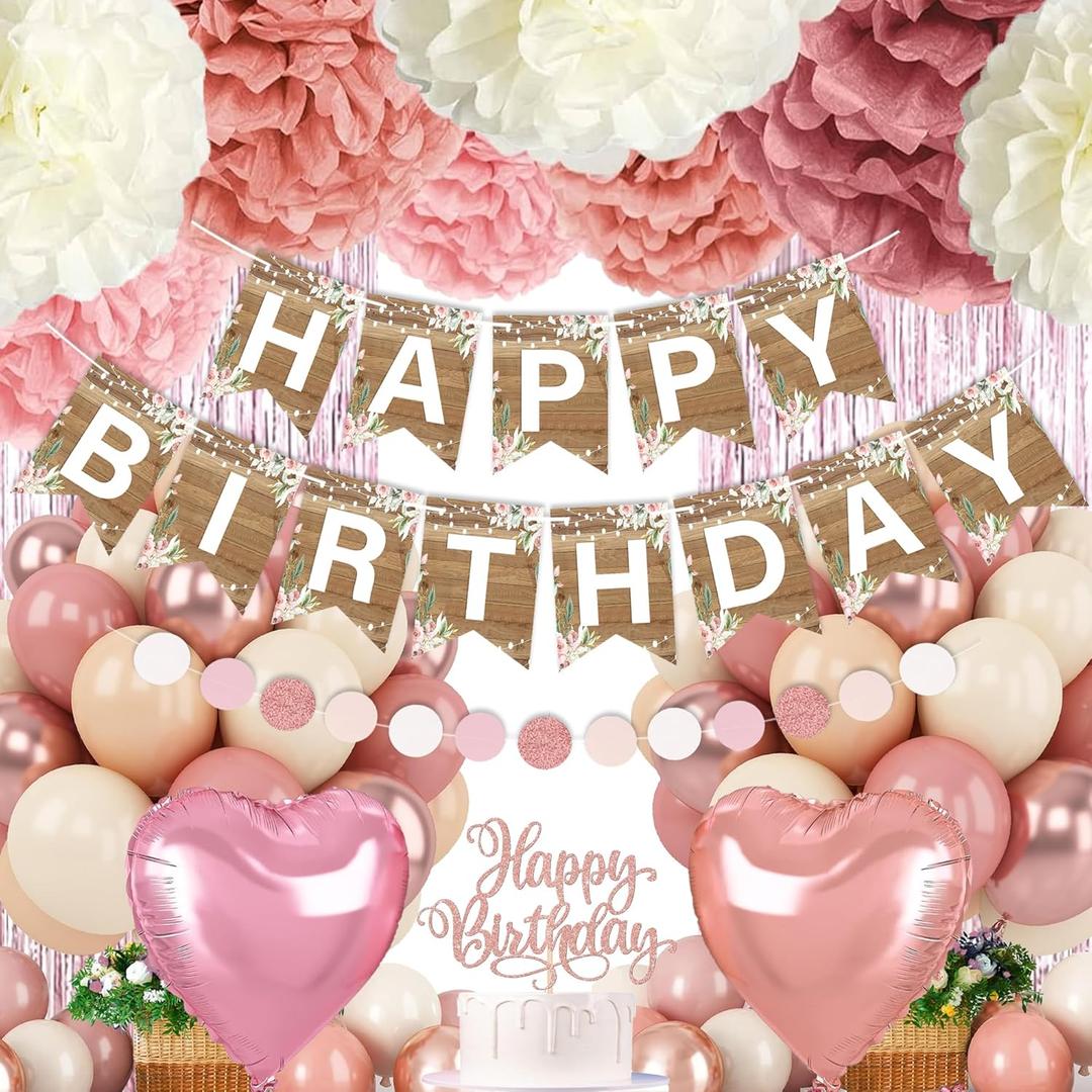 Dusty Rose Birthday Decorations for Women, Happy Birthday Banner Retro Blush Pink Gold Balloons Set with Tissue Paper Flower Foil Fringe Curtain for Neutral Rustic Birthday Party Dcor