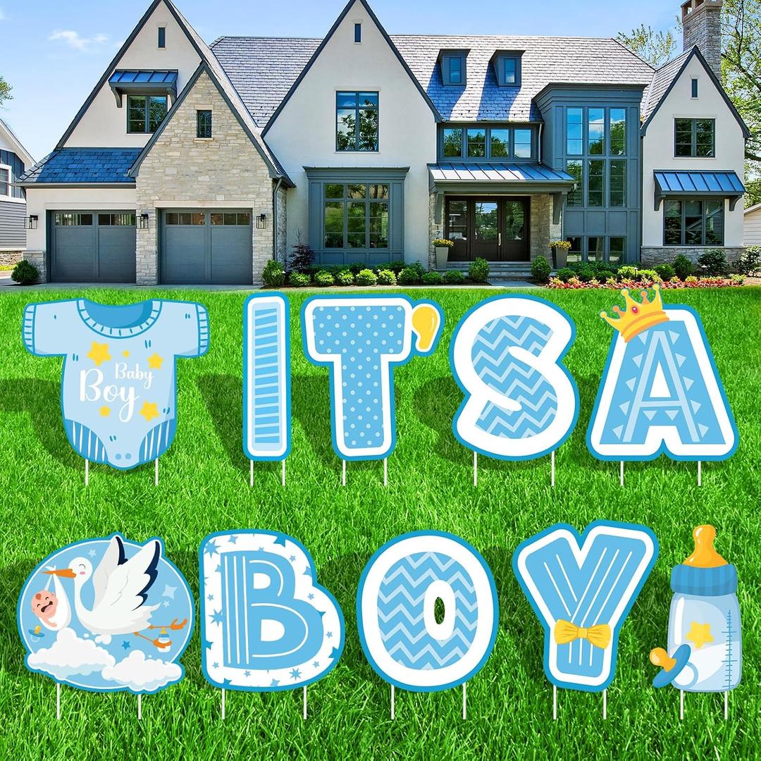 Blue Baby Shower Decorations - 10 Pcs It's a Boy Yard Sign Welcome Home Baby Lawn Sign with Stakes for Outdoor Indoor Garden Gender Reveal Decor Photo Props