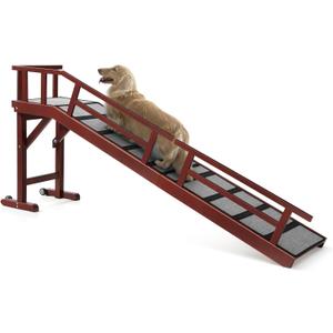 KUVETO Dog Ramp for Bed or Couch, Wooden Pet Ramp with 20° Gentle Slope, Removable Side Rails, Non-Slip Surface, Top Platform & Wheels, Safe Bed Ramp for Small, Large & Senior Dogs, 74" Long, Mahogany