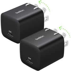 Belkin USB C Charger Block 25W (2 Pack)  PD3.0 PPS Super Fast Charging - Samsung Galaxy S25, S24, Apple iPhone 17, Air, Pro, Pro Max, AirPods, Apple Watch, Google Pixel 10, Nintendo Switch - Black