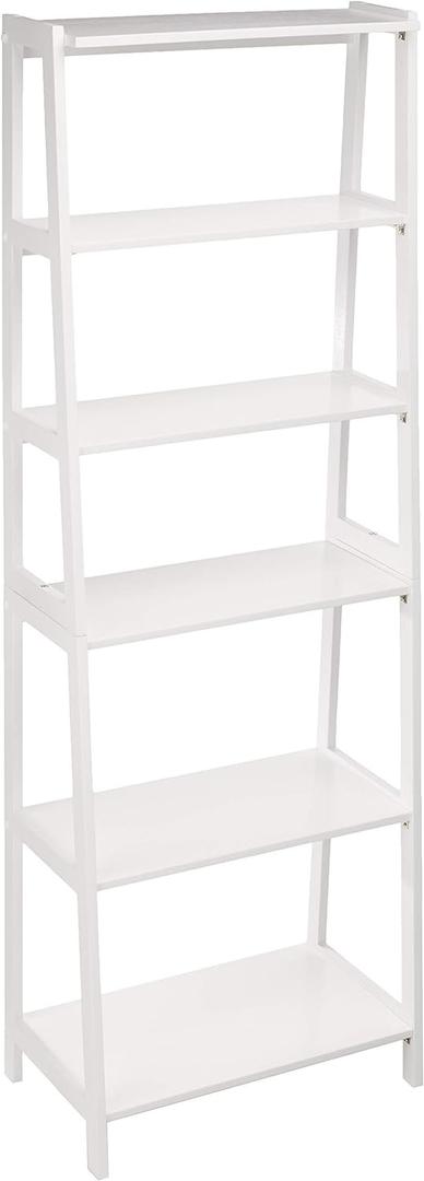 Amazon Basics 5 Shelf Sturdy Rubberwood Ladder Bookshelf for Book Storage, White, 15.03" D x 25.98" W x 74.48" H