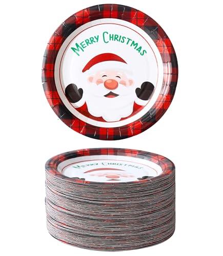 Winoo Design 50 PK Bulk Christmas Small Plates - Santa Dessert Paper Plates Xmas Disposable Plates for Christmas Decorations Décor Party Supplies