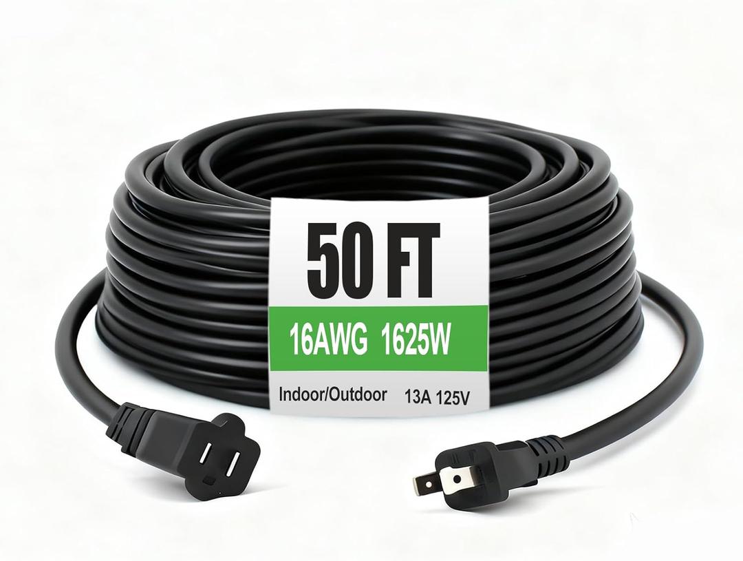 Extension Cord 50 Ft-2 Prong Outdoor Extension Cord,16AWG 13A 1625W Waterproof Extension Cable for Garden, Lawn, Outdoor Power Tools（Black）