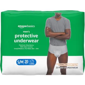 Amazon Basics Maximum Absorbency Incontinence Underwear for Men with Leak Protection and Odor Control, Disposable, Small/Medium, 60 Count (3 Packs of 20)