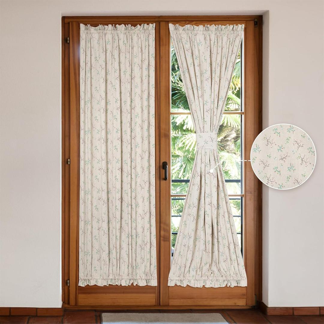 Linen French Door Curtains Set of 2, Elegant Country Style Little Grass and Flower Front Door Curtain Dual Rod Pocket Tiebacks Included, 54" W x 72" L