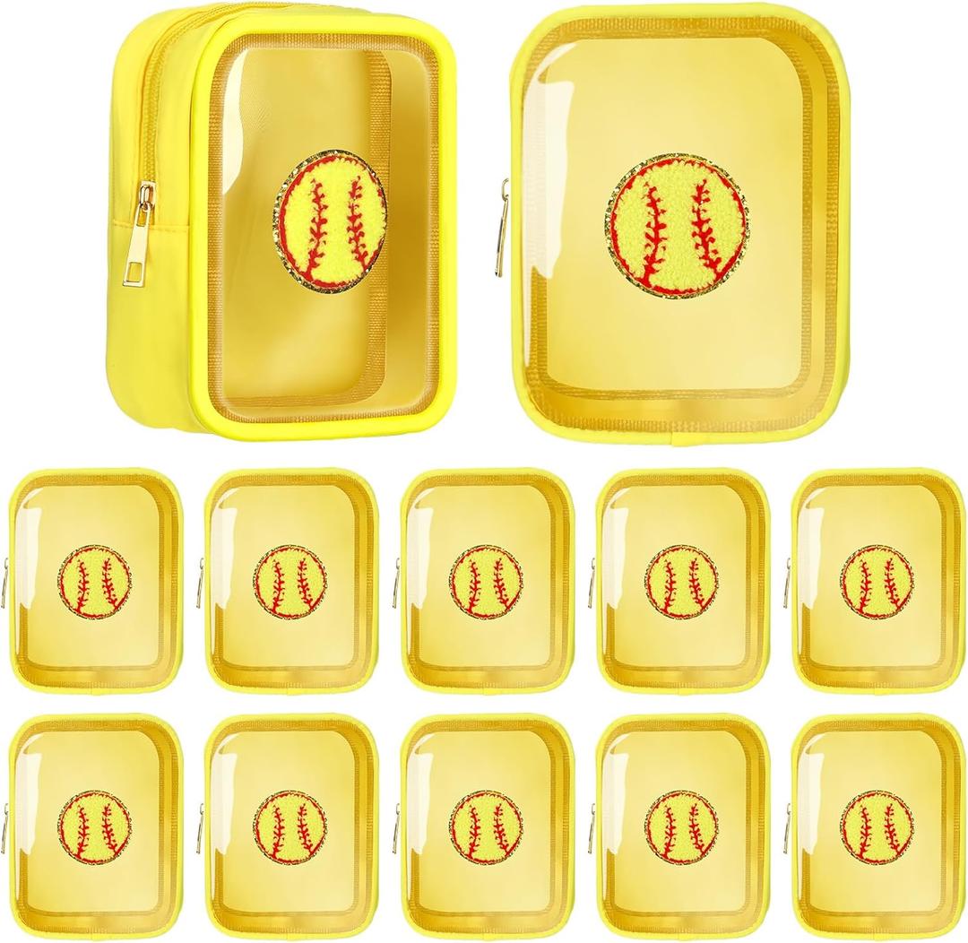 Reginary 12 Pcs Chenille Patch Gift Bags Senior Night Gift Bag Waterproof Travel Size Pack for Party Favors Team Stuff(Yellow,Softball)