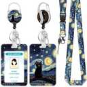 Hancynir Black Cat Lanyards for Id Badges, Starry Night Badge Holder with Retractable Reel Clip, Work Name Tags Keychain Lanyard with ID Holder, ID Card Protector for Women Teacher Nurse Doctor Office