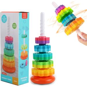 Baby Spinning Stacking Toys, Spin ABS Plastic and Color Rainbow Design Ring Stacker Baby Toys 6 to 12 Months Montessori Educational Learning Autism Sensory for Boys and Girls